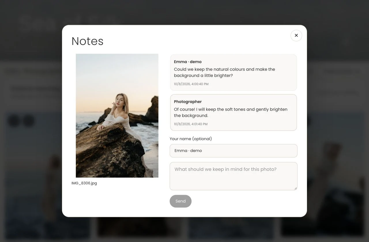 Photo notes with a client request and the photographer’s reply